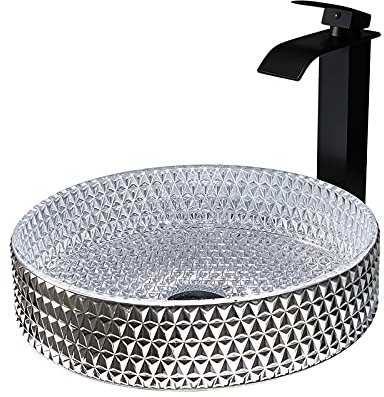 JIPOFAN Badezimmer-Waschbecken, Glas-Waschbecken, zylindrisches Waschbecken auf der Arbeitsplatte, Schüssel über dem Waschbecken, Kunstwaschbecken mit Wasserfall-Wasserhahn und Pop-up-Ablauf