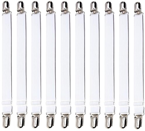 Yuio 10 Pièces Tendeur Drap Housse, 61-250cm Attache Drap Housse Réglable, Tendeurs Elastique avec Clips Métalliques pour Lit Ou Canapé d'angle, Fauteuil Sièges Coussin, Matelas(Blanc)