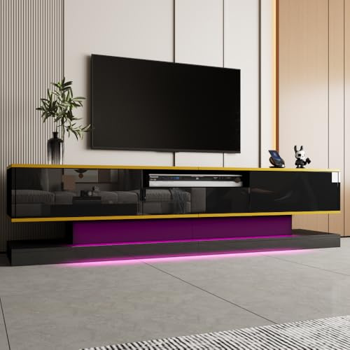 Meuble TV Moderne 180 cm - 3 tiroirs + Espace Ouvert - Finition Brillante - Éclairage LED RGB intégré - 180x38x45 cm (Black + Gold)