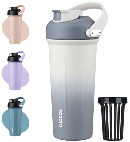 BJPKPK 25 oz Insulated Protein Shaker Bottle with Handle, Stainless Steel Tumbler for Protein Mixes,BPA Free Metal Shaker Cup for Gym Workout,White and Grey
