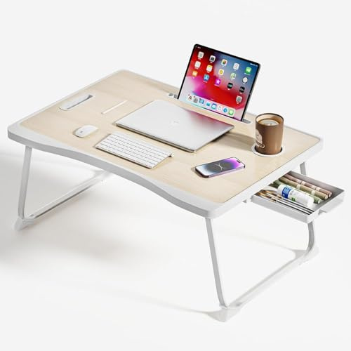 BTGGG Laptop Tray, Portable Lap Bed Desk with Handle, Foldable Laptop Bed Table with Cup Slot & Side Drawer, Notebook Stand Breakfast Lap Tray for Bed, Sofa, Balcony (Maple)