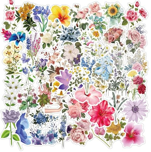 Floral Stickers 50pcs - Waterproof Reusable Flower Stickers for Adults & Kids, Nature-Themed Vinyl Sticker, Craft Decorations für Auto, Laptop, Fahrrad, Skateboard, Wasserflasche