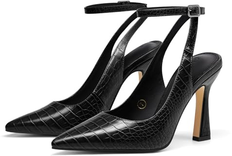 Coutgo Womens Closed Toe High Heels Slingback Pointed Toe Pumps Ankle Strap Dress Shoes,Black,Size 8
