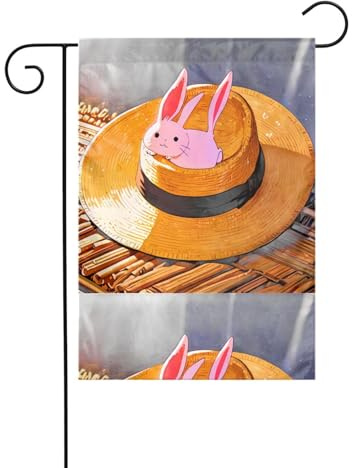 WHJSHOP Hasen-Anhänger auf Strohhut, Gartenflaggen, 30,5 x 45,7 cm, für Hof-Dekoration, mit 3 cm Stangenpositionsbreite (nur Flagge, kein Fahnenmast im Lieferumfang enthalten)