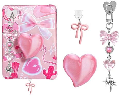 Muorruo 3-delad söt berlock set för Kindle, inklusive dammplugg berlock typ C/USB C, hjärtgrepphållare, glittrig nyckelring med krok för Kindle-tillbehör, rosa