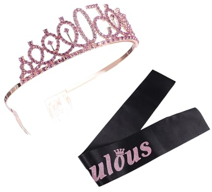 LALADEFIEE Lot de 2 Accessoires de Déguisement pour Fête d'Anniversaire 50 Ans – Couronne Décorative Rigide et Bandoulière Tissu Noir et Rose – Taille Unique pour Célébration Anniversaire
