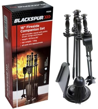 Blackspur FS308 16 Fireside Companion Set - 5 Piece Cast Iron Kit - Fireplace Tool Accessories - Black