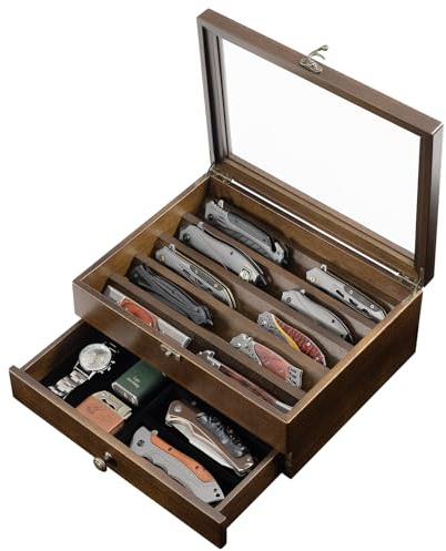 Emfogoo 2 Etagen Messerhalter, Holz Messerständer, Messer Vitrine mit Schublade und Hochauflösendem Glas, Sammelmesserständer für Aufbewahrung Verschiedene Messer, Heimdekoration (Nussbaum)