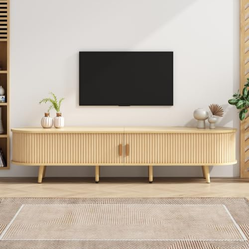 Merax TV Schrank Lowboard, 175x40x42 cm, Helles Walnussholz mit Schiebetüren und Doppelschublade, 30 kg Tragkraft, Modernes Wohnzimmer Möbel für kleine bis mittelgroße Räume