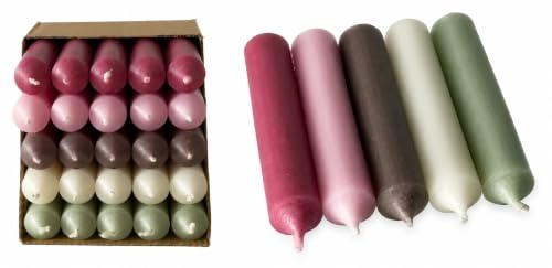 Kurze Stabkerzen Farbmix „Soft Garden“ – 25 Stück – 10 cm – Ø 2,2 cm – durchgefärbt & tropffrei – Made in Germany – 4 Std. Brenndauer – Deko- & Tafelkerzen (Set 9)
