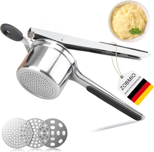 Kartoffelpresse Edelstahl, Kartoffelstampfer mit 3 Siebeinsätzen