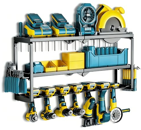 Power Tool Storage,150Lbs 3 Layers Tool Wall Organiser with 7 Drill Holder | Large Heavy Duty Metal Tools Shelf, Utility Tool Rack Wall mounted for Garage Cordless Drill Workshop Shed Pegboard