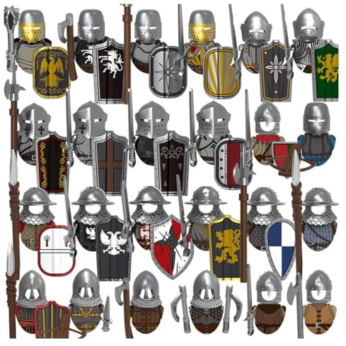 Quibuilds Mittelalterliches Ritter Klemmbausteine Zubehör Set, Helm, Schild, Speere & Rüstungen – Historische Szene, Sammlerstück für Erwachsene und Display - 93 Teile