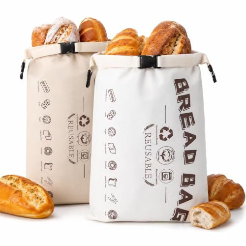 Brödpåse 2 stycken 42 x 33 cm TPU brödpåse plastpåse med lufttät rullstängning, ekologisk bomull bivaxpåse för baguette, surdegbröd bakverk