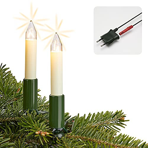 Hellum guirlande sapin, made in Germany, guirlande à clip, 10 lampes, longueur 6,30 m, câble vert, blanc chaud, intérieur, prise séparable, sans LED <59 lm 805222
