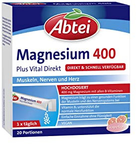 Abtei Magnesium 400 Plus Vital Direkt - für Muskeln, Nerven und Herz - mit allen B-Vitaminen - Hochdosiert - Vegan - Mit Grapefruit-Geschmack - 20 Sachets