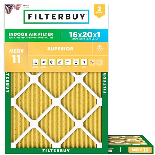 FilterBuy 16 x 20 x 1 luftfilter MERV 11, veckade HVAC ugnsfilter (2-pack, guld)