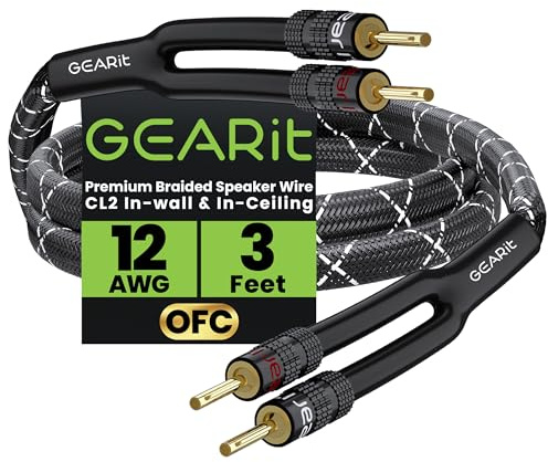 GEARit 12 AWG Hochwertiges, robustes, geflochtenes Lautsprecherkabel (1 m), mit doppelt vergoldeten Bananensteckerspitzen, sauerstofffreie Kupferkonstruktion (OFC), Schwarz
