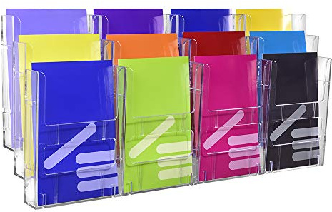 Wandprospekthalter mit 12 Fächern für DIN A5 Hoch transparent | Für Flyer und Prospekte in DIN A5 Hoch, 23mm Fülltiefe je Fach, modulares System mit Wandschiene, erweiterbar