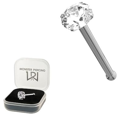 Monster Piercing - 9K Gold Weißgold | Nasenpiercing Nasenstecker Stud |Zirkonia Kristallstein | Steingröße: 1,5MM bis 3MM | Stabstärke: 22G (0,6 mm) | Stablänge: 6mm | Hypoallergen