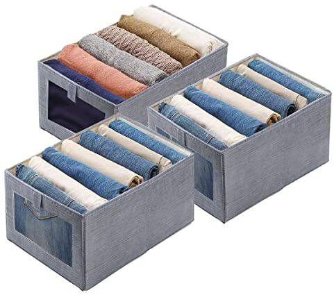 Tosoda Wardrobe Storage Organiser Foldable Clothes Storage Organiser Boxes for Wardrobe Shelves Drawers Organisers for Jeans Sweaters Trousers (Grey - 3Pcs)
