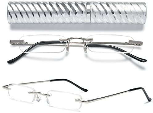 VEVESMUNDO Lesebrillen Metall Randlos Klassische Schmal Federscharnier Klein Mini Leicht Damen Herren Lesehilfe Sehhilfe Brillen mit Etui(Silber Lesebrille mit Etui, +2.5)