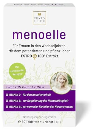 menoelle® Wechseljahre Tabletten, pflanzlich mit EstroG-100 Extrakt. Bei Hitzewallungen, Schlaflosigkeit und weiteren Symptomen. Hormonfrei, Vegan ohne Nebenwirkungen. 60 Tab./ Monat