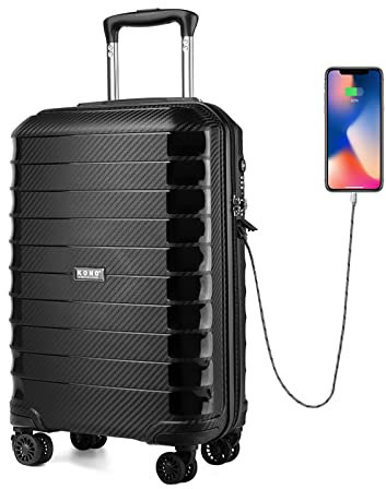 Kono Bagage Cabine Rigide Léger 55x35x21 cm Valise de Voyage Trolley avec USB Chargeur et Serrure TSA (Noir)
