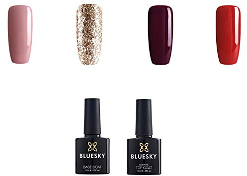 Bluesky Gel Nail Polish, Timeless Set, Pink, Red, Gold, Base Coat, No Wipe Top Coat (Requires Curing Under Uv/Led Lamp), 10 ml
