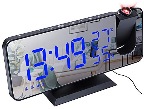 Réveil numérique, Radio réveil projecteur, réveil Miroir de Mode avec Double Alarme, 4 luminosité d'écran réglable, 8 écrans, Rotation de 180 °, câble USB de 1,5 m, Radio FM