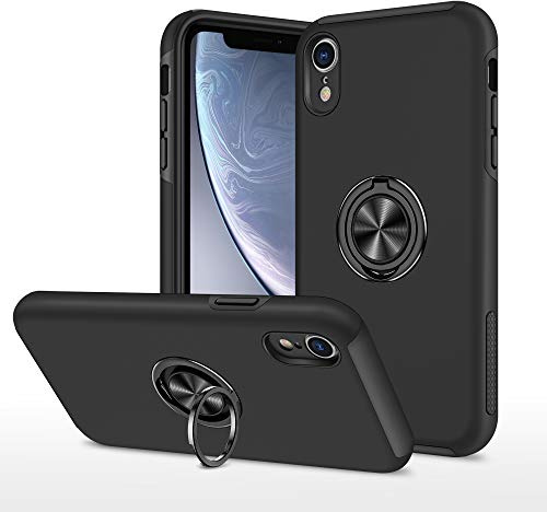 EYZUTAK Case for iPhone XR, 360 Degree Rotation Magnetic Metal Finger Ring Holder Magnet Car Holder Inner Silicone with Camera Protection Glossy Anti-drop Hard Cover - Black
