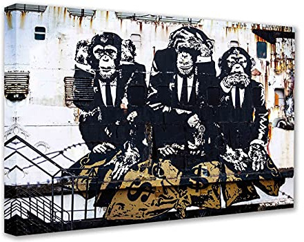 Banksy Bilder Leinwand Affen Monkey Business I Graffiti street art, kunstdrucke fertig zum aufhängen (div.Formaten) wandbilder Affenbilder leinwandbild von Affe Deko (100x150 cm)