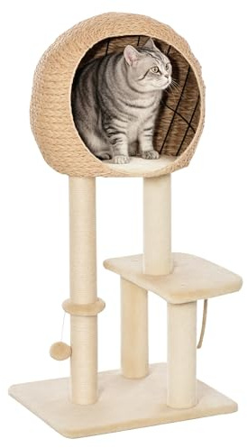PawHut Cat Tree for Indoor Cats 100cm Kitten Climbing Tower Activity Center with Sisal Scratching Post Condo Perch Hanging Balls Teasing Rope Toy Cushion