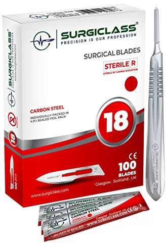 Lames de scalpel No 18 en acier au carbone stériles, lot de 100 et poignée n° 4, parfaites pour l'art du bois, Chirurgicale, la sculpture, l'anatomie de laboratoire, Création d'enseignes SURGIRD18-100