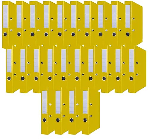 OFFICER PRODUCTS 24er Pack Ordner Gelb DIN A4/50 mm/Papier Pappe/Kunststoffbezug PP Schlitzordner Büroordner Pappordner Aktenordner Metall Kantenschutz