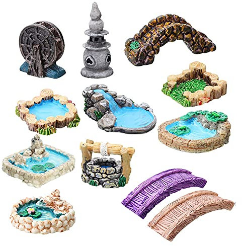 Fairy Garden Accessoires Miniatures Fée Jardin Accessoires D'ornement Statues D'extérieur Kit Miniature Jardin Bridge Figurines Avec Eau Puits De Bande Diy Jardin Dollhouse Décoration 12pcs
