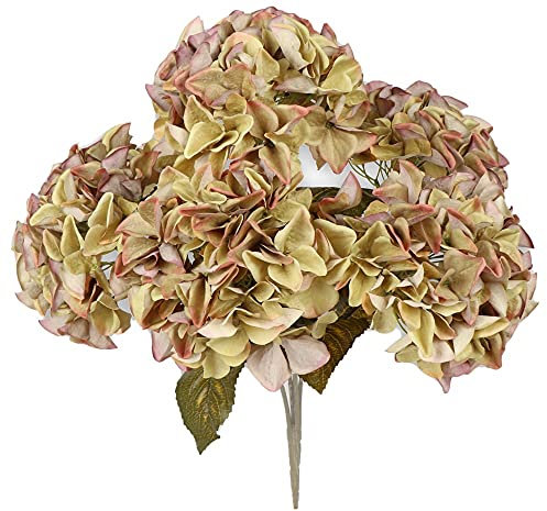 Matches21 - Hortensias artificiales, flores artificiales, ramos decorativos, 1 ramo de 5 flores, 18 cm de diámetro, color verde