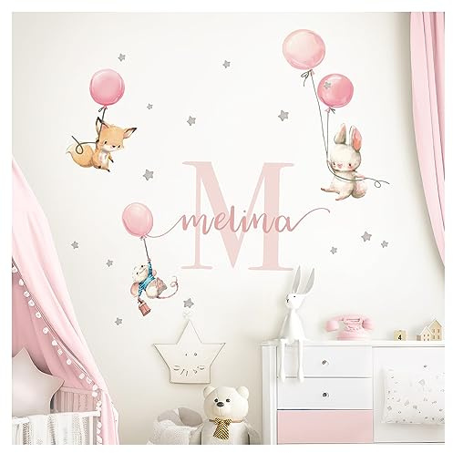 Little Deco Wandtattoo Tiere & Wunschname I Wandbild 104 x 54 cm (BxH) I Kinderzimmer Babyzimmer Wandaufkleber Mädchenzimmer Ballon Wandsticker Aufkleber DL748
