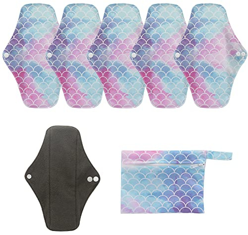 6er Pack wiederverwendbare Damenbinden mit Bambuskohle | Waschbare, wasserdichte, saugfähige Menstruationspads für starke Perioden | Bonus Aufbewahrungstasche (WSD100, Mittel (Packung mit 6))