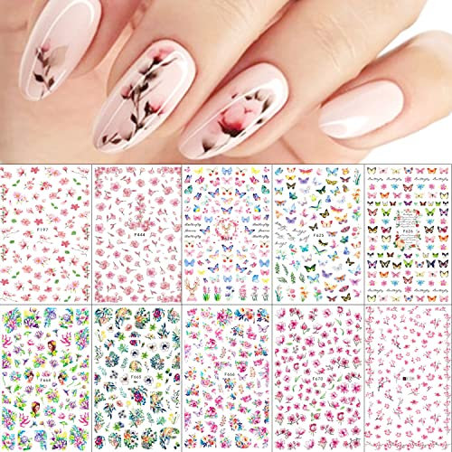 JMEOWIO Nagelsticker Frühling Blumen 10 Blätter Nagelaufkleber Selbstklebend Blume Schmetterling Nail Art Dekoration NagelDesign Zubehör für Frauen Mädchen