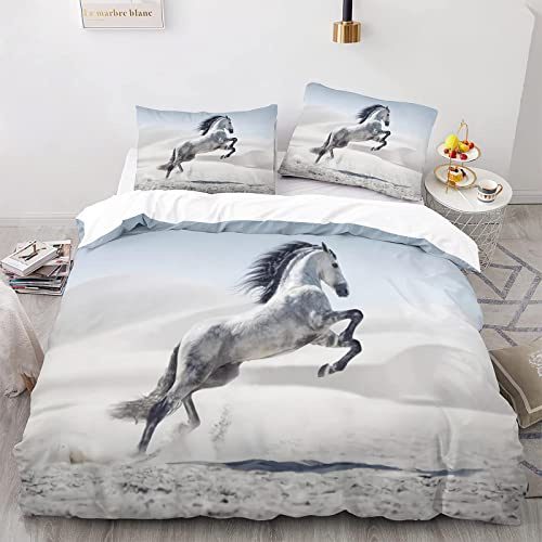 YSWFGE Housse de Couette Cheval 200x200 cm 2 Personnes Parure de Lit 3 pièces Cheval Animal Literie 3D HD Impression Microfibre avec Fermeture éclair Hiver Housse de Couette pour Enfant et Adolescent