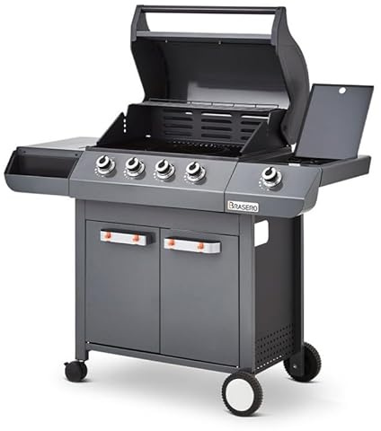 BRASERO BY FAVEX – Barbecue gaz Emma 4 + 1 Side – 4 brûleurs 12,6 kW – Brûleur latéral – Système FlexiGrill avec plancha incluse – Surface 64 x 41,5 cm – Jusqu'à 12 convives