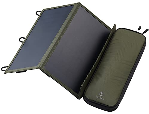 ELECOM NESTOUT Portable Solar Panel, Dual USB-A Ports, 28W Power Generation Charger for Phone Camping, Durable Water-Resistant Ripstop Nylon, Foldable Lightweight, Adjustable Stands (2-Panel)