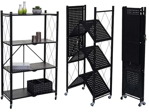 PROREGAL KLAP klappbares Regal mit Rollen | 4 Böden/Fächer | Schwarz | Belastbarkeit 200kg | HxBxT 127x72x34cm | Lagerregal Metallregal Klappregal