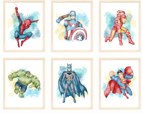 Nistio® Décoration murale de super-héros pour chambre de garçon, impression Avengers, Iron Man, Spiderman, Captain America, Hulk, Batman, Superman, sans cadre, 20,3 x 25,4 cm