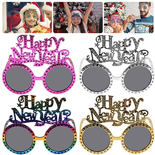 4 Stück Silvester Brille 2026, Partybrille, Neujahr Sonnenbrille, Lustige Brillen, Silvester Deko, Happy New Year Brillen, Silvester Foto Requisiten 2026, Silvester Partybrille für Silvester Geschenk