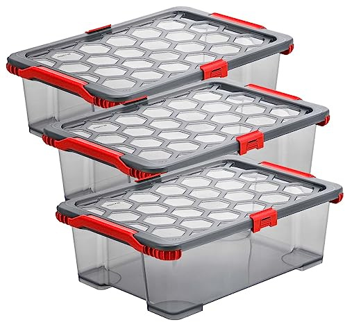 Rotho Evo 3er-Set Aufbewahrungsbox mit Deckel 11 L luftdicht Anthrazit Rot | Aufbewahrungsboxen, Vorratsdosen mit Deckel luftdicht, lebensmittelecht, stapelbar, platzsparend, 3er-Set für Vorräte