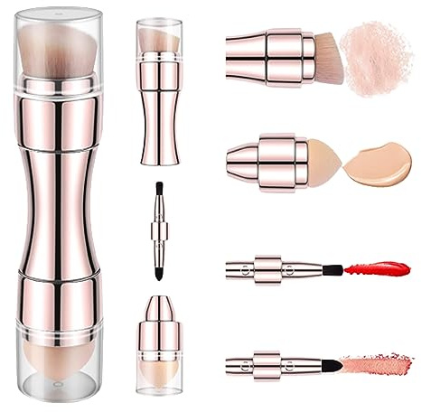 SYFUNLV tragbares Gesichtspuder,multifunktionale Kosmetikpinsel,12×2.6cm 4 in 1 Make-up Pinsel,Sponge,Foundation,Smudge,Contour,Blush Brush für Reise,Weiche und bequemeKosmetik Beauty Tools (Gold)