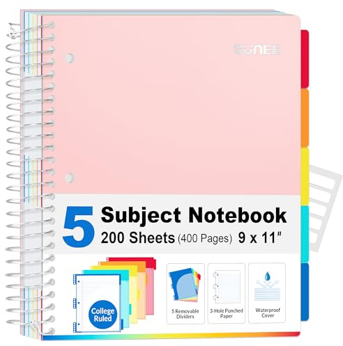 SUNEE 5 Subject Notebook College Ruled - 400 Pages, 9x11, 5 Pocket Colored Dividers, 3-Hole Punched Paper, Pink