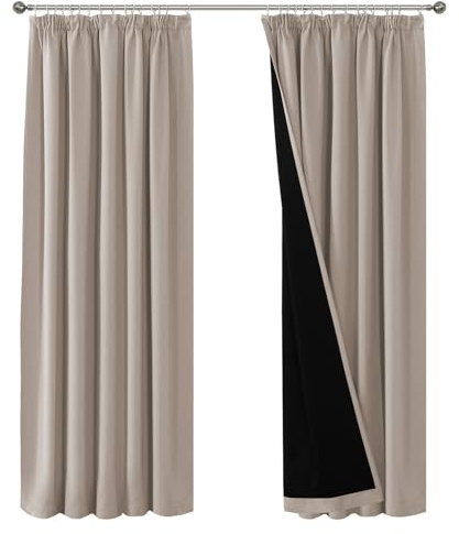 BellaHills 100% Blackout Curtains for Bedroom Thermal Insulated Curtains & Drapes Blackout Curtains Pencil Pleat Curtains for Living Room with Black Liner 2 Panels, 90 x 72 Inch, Natural Sand